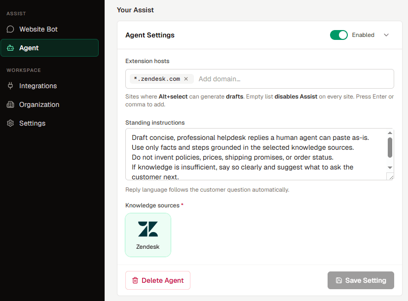 Agent settings with extension hosts and knowledge sources