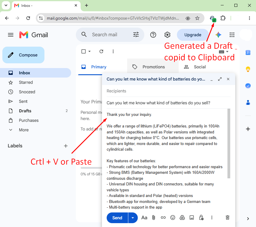 Pasting an Assistly draft into a Gmail reply
