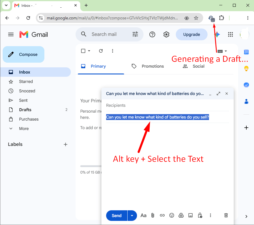 Selecting customer text with Alt to generate an Assistly draft