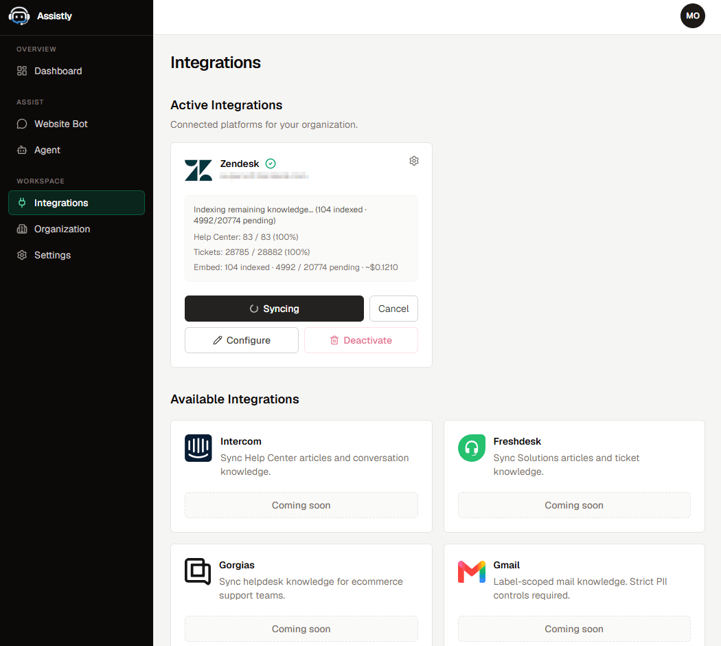 Integrations page with connected platforms