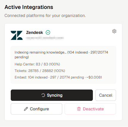 Sync progress for Help Center, tickets, and embeddings