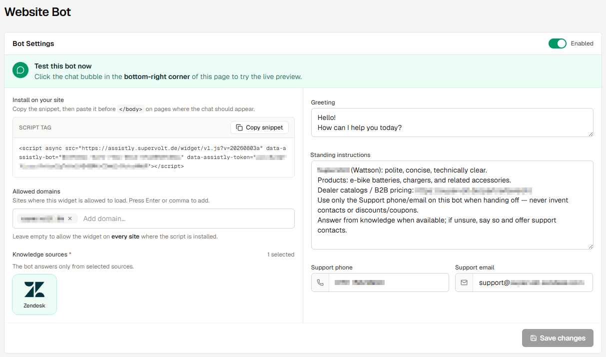 Website Bot settings with knowledge source selection