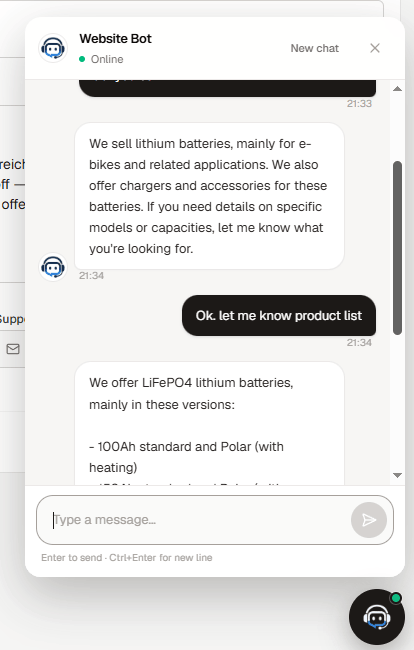 Website Bot chat widget answering a product question